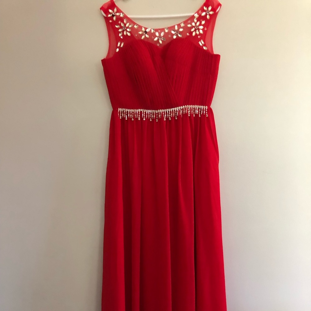Boutique Red Chiffon Long prom Dress Gown 4-6 med sparkle beads elegant modest